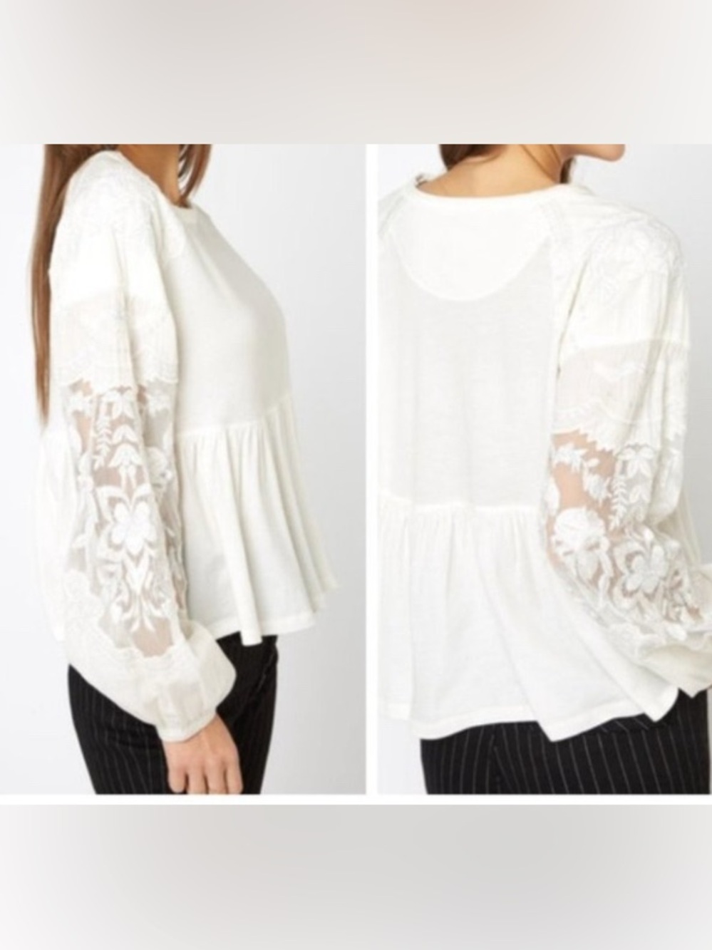 Free People White Embroidered Peplum Penny Top L